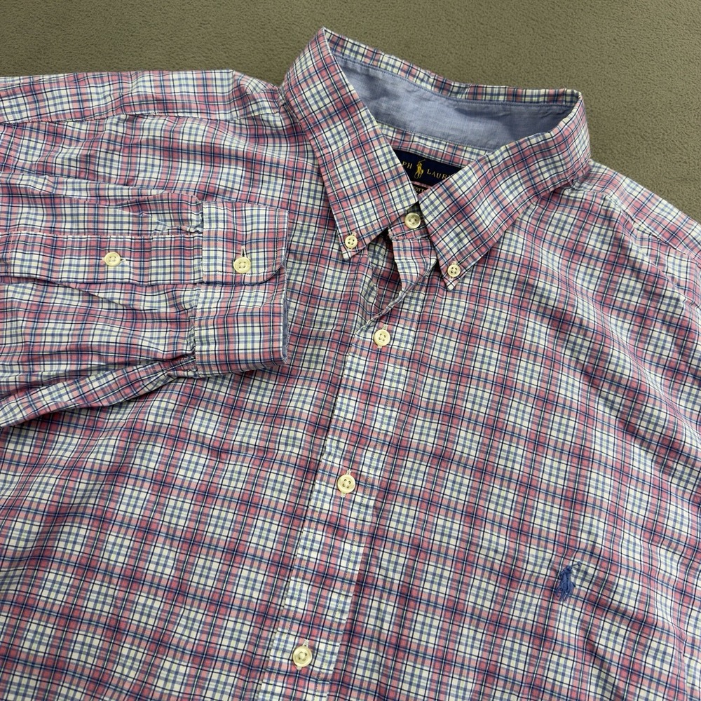 Ralph Lauren Button Down Shirt Mens 3XLT Pink Blue Plaid Stretch Long Sleeve